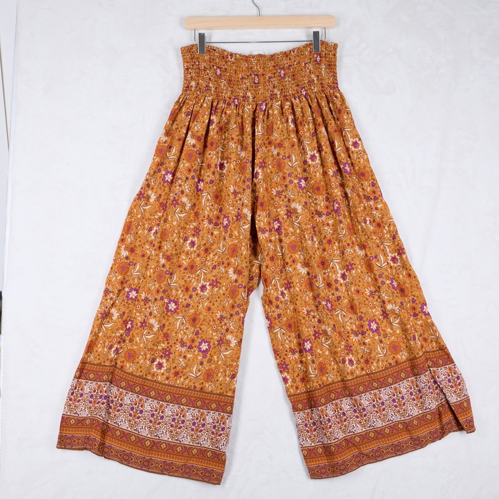 Natural Life Palazzo Pants Large Mustard Yellow Floral Smocked Wide Leg Boho - Picture 4 of 9